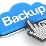 Hand cursor clicking a cloud shaped backup button, 3d render