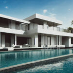 Luxury pool villa spectacular contemporary design digital art real estate , home, house and property, Generative AI illustration.